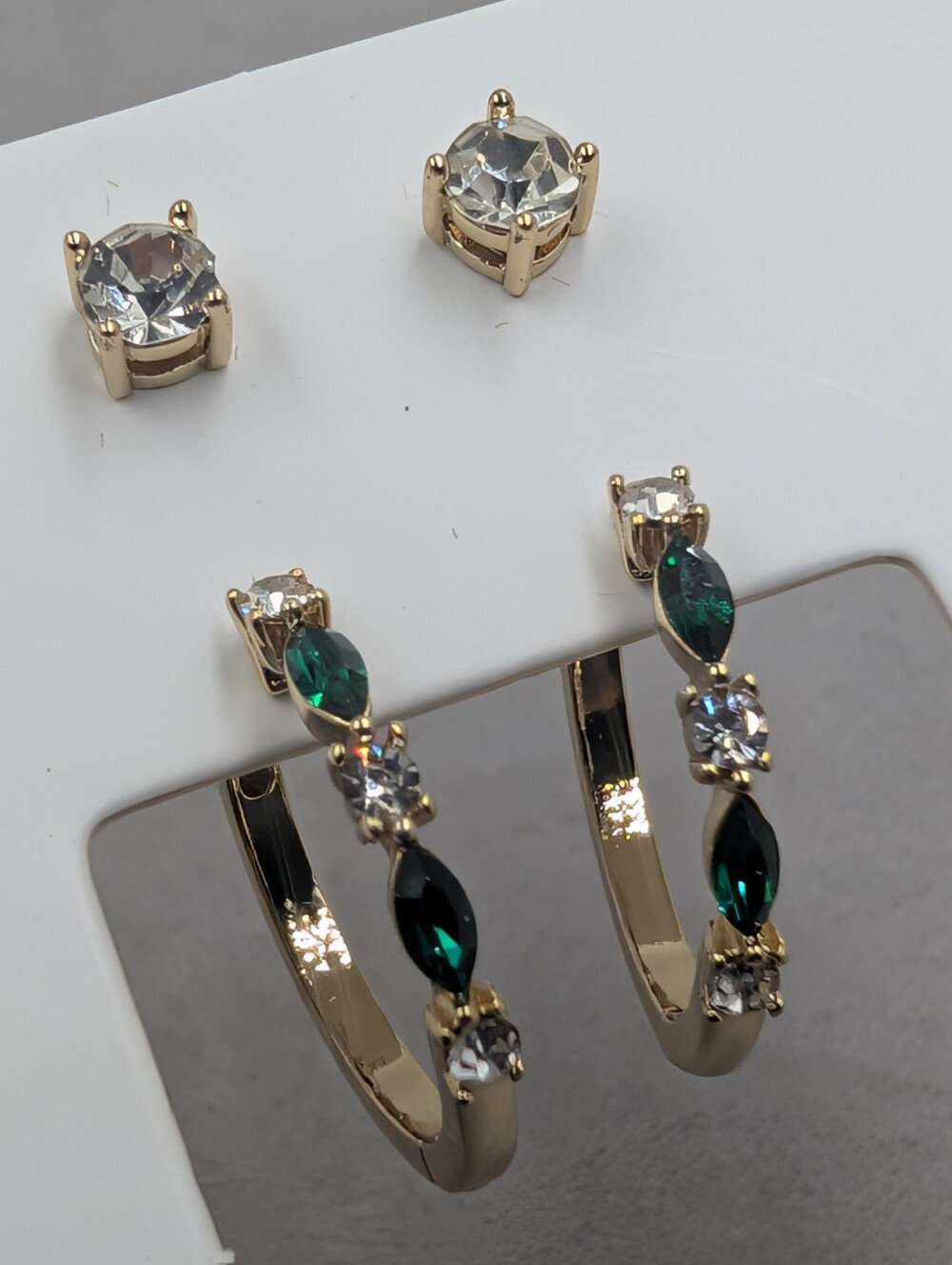 Gold Tone Emerald Green & Clear Crystal Hoop + Stud Earring Set NWT | M275